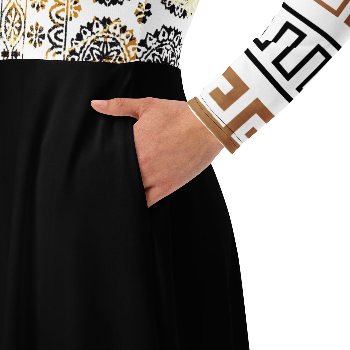 All-Over Print Gold and Black Patterned Long Sleeve Midi Dress
