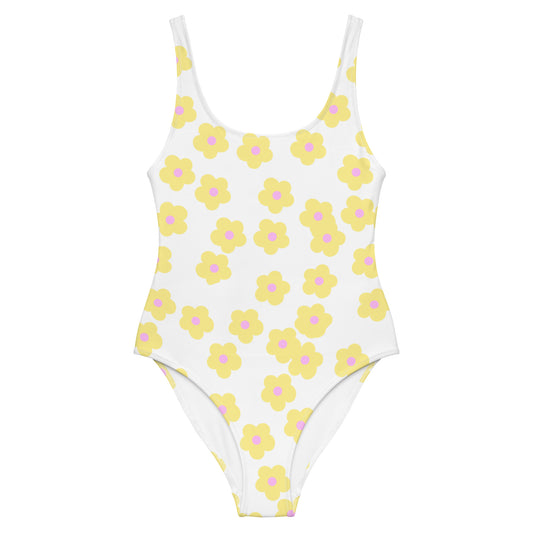 Vintage Mod Flowers on a Snowy White Maillot