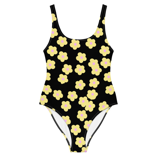 Vintage Yellow Flowers on Onyx Maillot