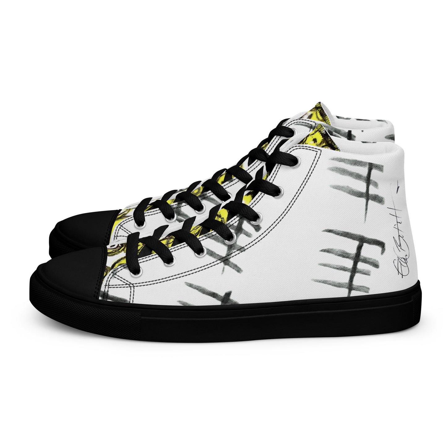 Tally Treads High Tops - Handmade, Artist-Signed (Yellow-Cell Structure Shoe Tongue)